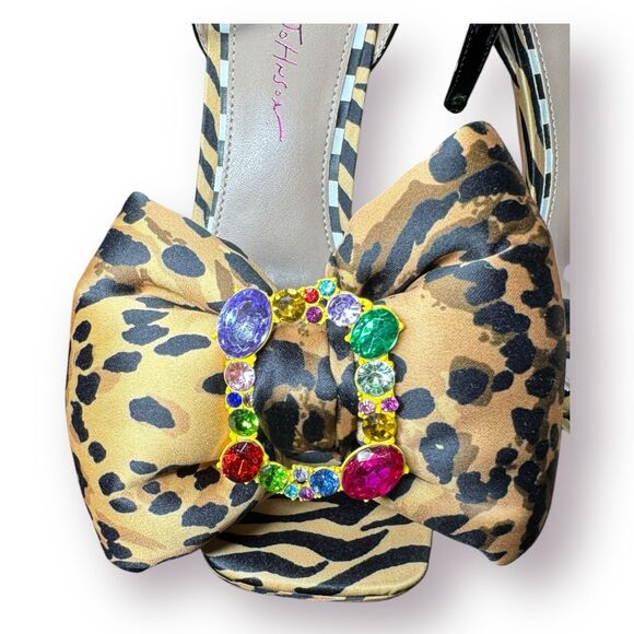 Betsey Johnson Pollie Leopard Print Satin Bow Gem Stones Women’s Heels Size 7M - Picture 6 of 10